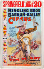 “COL. TIM McCOY RINGLING BROS AND BARNUM & BAILEY COMBINED CIRCUS” WINDOW CARD.