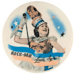 "ROCK-OLA LEADS AGAIN!" LARGE JUKEBOX PROMOTIONAL BUTTON.