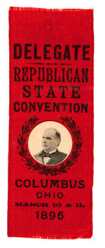 McKINLEY CELLO PORTRAIT ON 1896 OHIO STATE CONVENTION "DELEGATE" RIBBON.