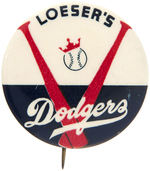 “LOESER’S/DODGERS” BUTTON WITH BATS FORMING A “V” FOR VICTORY.