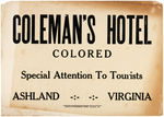 "COLEMAN'S HOTEL COLORED" CARDBOARD JIM CROW ERA TRAVEL SIGN.