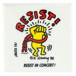 "RESIST!/RESIST IN CONCERT!" BUTTON DESIGNED BY ARTIST KEITH HARING 1988.