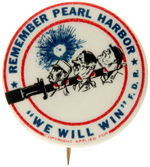 OUTSTANDING AND RARE "REMEMBER PEARL HARBOR" BUTTON WITH AXIS LEADERS' HEADS ON BAYONET.