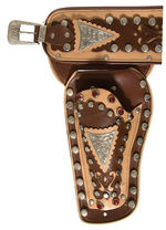 ROY ROGERS” LEATHER GUN BELT AND HOLSTERS WITH CAP GUN REVOLVERS BY SCHMIDT.