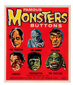"FAMOUS MONSTERS BUTTONS" SET WITH VENDING MACHINE DISPLAY CARD.