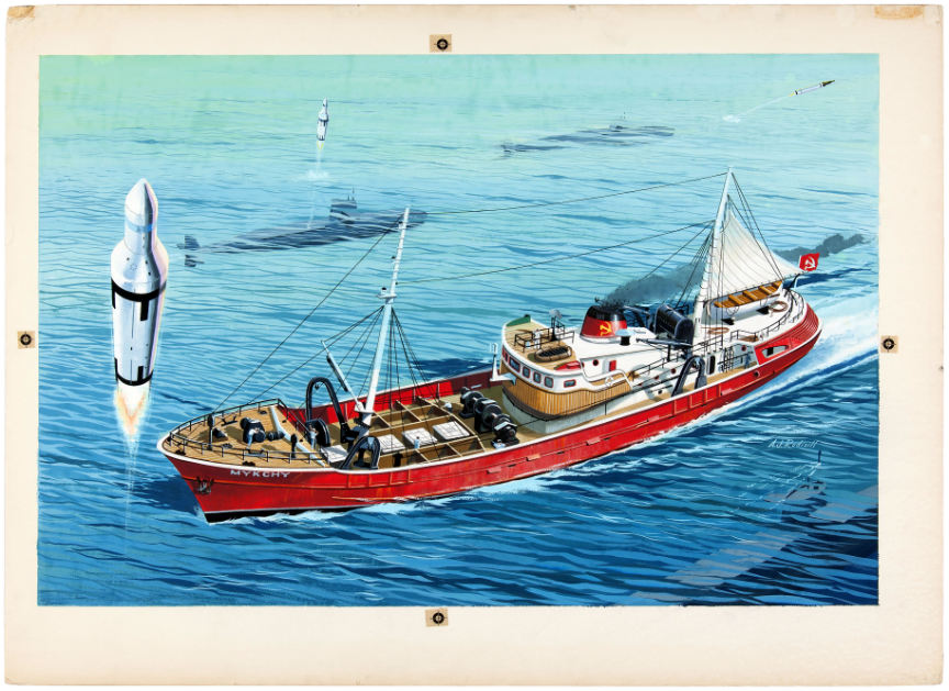 Hake's - PYRO COLD WAR RUSSIAN (MISSILE TRACKING) FISHING TRAWLER SPY  SHIP ORIGINAL MODEL KIT BOX LID ART.