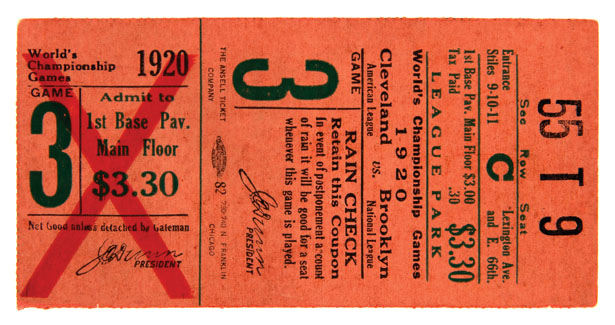Hake's - 1920 WORLD SERIES TICKET STUB FROM CLEVELAND.