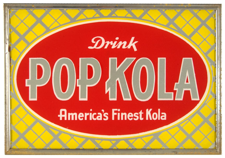 Hake's - “DRINK POP KOLA AMERICA'S FINEST KOLA” GLASS MIRROR STORE SIGN/EMBOSSED TIN IN” SIGN PAIR.