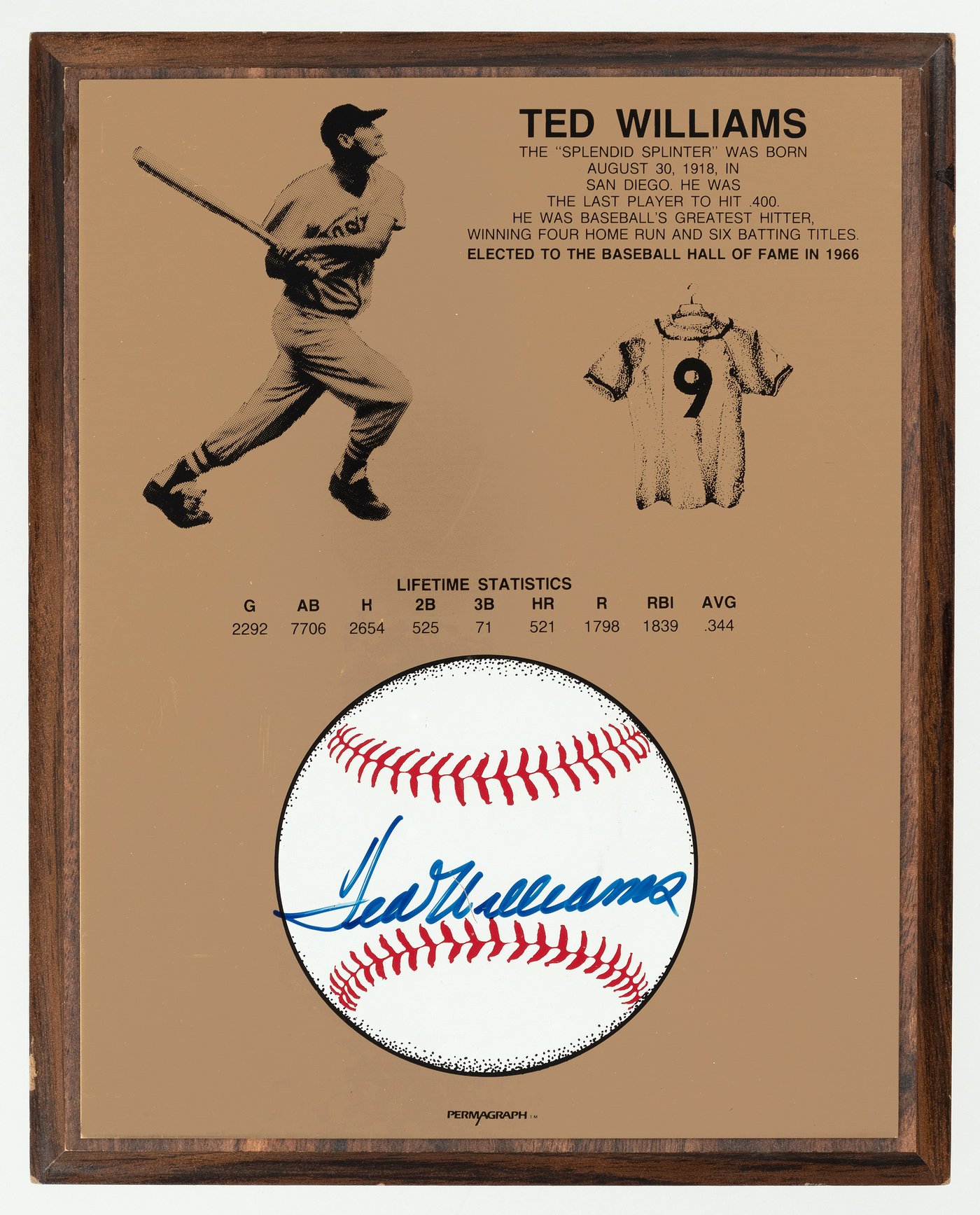Hake's - TED WILLIAMS (HOF) SIGNED BASEBALL STATS PLAQUE.