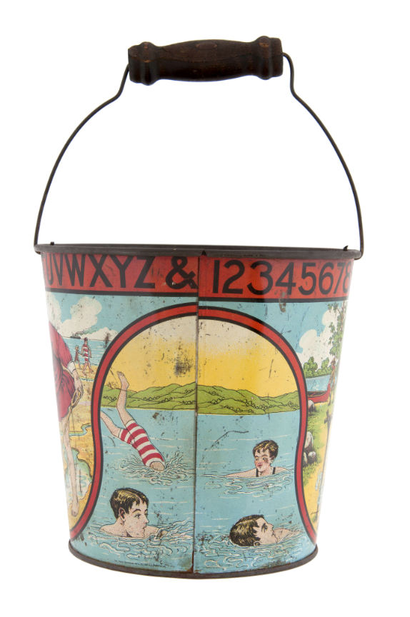Hake's - CHILDREN AT PLAY EARLY CANADIAN TIN SAND PAIL.